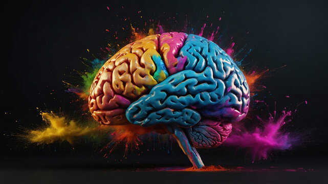 A human brain depicted with vibrant and dynamic colors exploding outwards, symbolizing creativity and imagination. The scene is set against a dark background, highlighting the explosion of multicolore