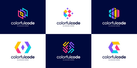 Set of colorful code logo design template.