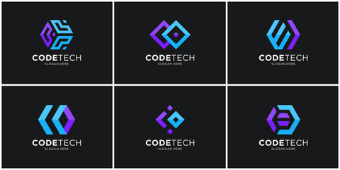 Set of modern code tech logo design template.