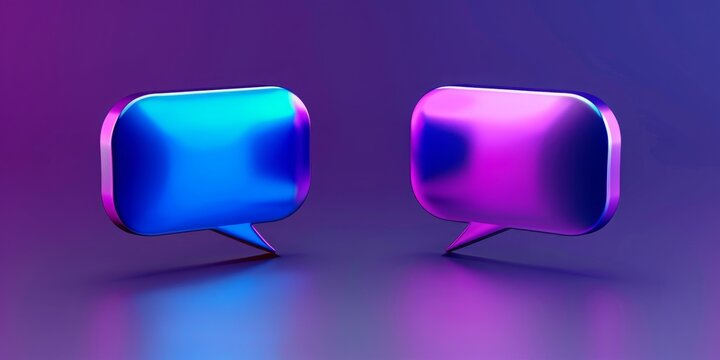 Neon-colored 3D speech bubbles in blue and purple on a gradient purple background, symbolizing digital communication and conversation. Concept of modern chatting, online messaging, and social media in