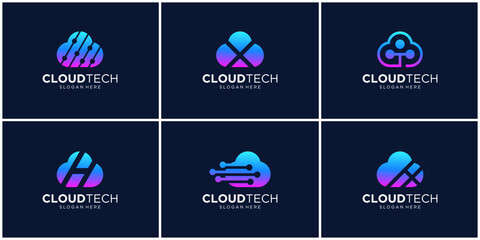 Set of gradient cloud tech logo design. Abstract data transfer symbol logo vector.