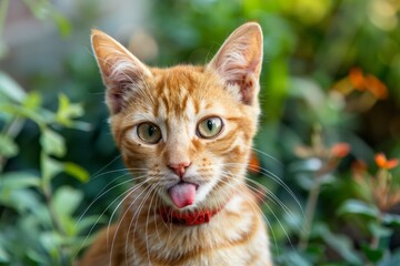 Ginger cat wearing red collar and licking
