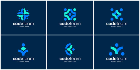 Set of team work code logo design template.