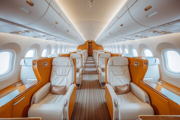 An airplane passageway with empty passanger seats, comfortable chairs  in a modern business jet