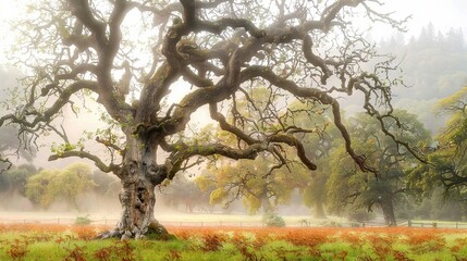 Fototapeta premium A massive tree stands tall in a field, surrounded by vibrant red blossoms and distant woodlands