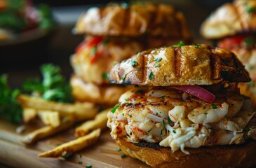 Gourmet crabcake sandwiches on buns viewed up close - Powered by Adobe