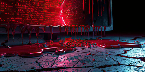 Bleeding red code from computer cracked streaked computer screen coding.