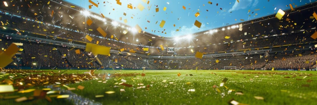 Cinematic view of cheering fans in the stands at an outdoor soccer stadium with green grass field and golden confetty falling down from above