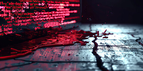 Bleeding red code from computer cracked streaked computer screen coding.