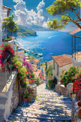 Fototapeta premium Stairs with flowers in old seaside city in Greece, vertical beautiful view of sea, sky and vintage houses. Concept of Greek vacation, resort, summer and travel.
