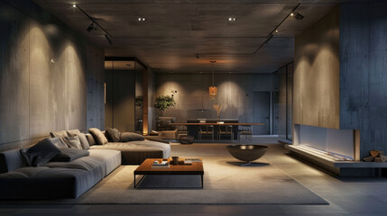 Modern concrete home interior, minimalist design of living room, inside luxury apartment with grey walls, lights and fireplace. Concept of contemporary house, style