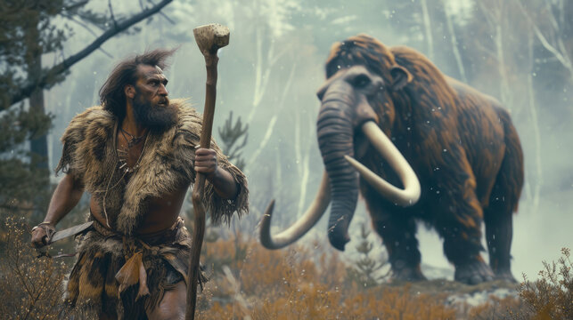 Neanderthal man running away from woolly mammoth, strong primitive bearded human hunts animal, caveman of prehistoric era outdoor. Concept of Homo Sapiens, people, Stone Age and hunter.