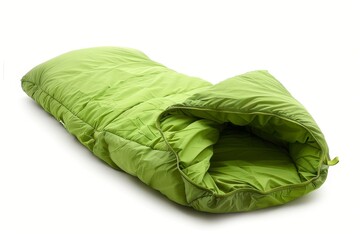Green sleeping bag against white backdrop