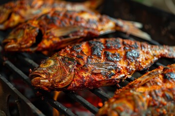 Grilled tilapia fish with spicy seasoning still cooking on charcoal