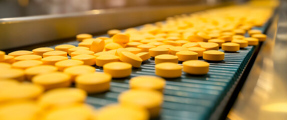Automated robotic line manufacturing yellow pills in a pharma factory. Great for demonstrating industrial automation pharmaceutical production processes, industry publications