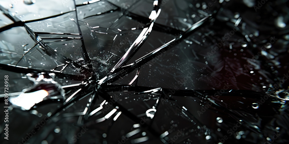 Wall mural black mirror cracked reflection shattered glass.