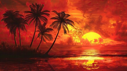 Imagine an iconic scene reminiscent of Scarface, where the vibrant backdrop of an orange sky sets the stage for a row of majestic palm trees. AI generated illustration