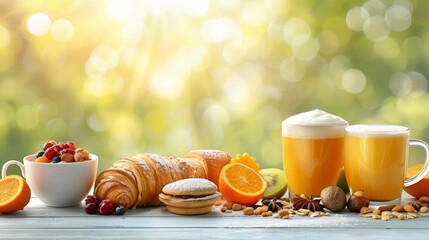 Assorted breakfast foods displayed on bright kitchen table with white background