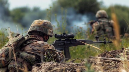 Fototapeta premium A soldier is crouching in the grass with a rifle and a pair of binoculars