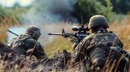 Fototapeta premium Two soldiers are in a field, one of them is holding a rifle
