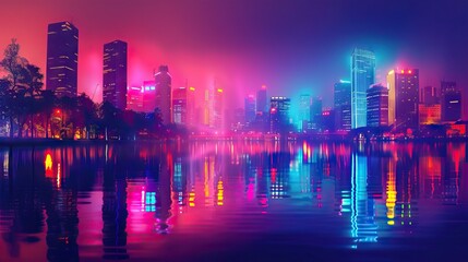Futuristic city. Concept Art. Cityscape at night with bright neon lights. 3D illustration. AI generated illustration