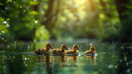Fototapeta premium A vibrant nature fen landscape with a family of ducks swimming in the clear water