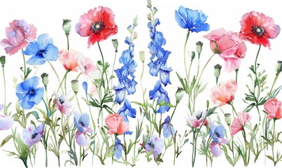 The seamless pattern features watercolor hand-drawn wild flowers on a field. Stock illustration.