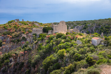 Old stonewall Venetian castle, abandoned building, monument of Palaiochora at Kythera island, Greece.