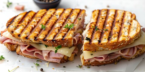 Delicious grilled panini sandwich with ham and cheese on a white background. Concept Food photography, Grilled panini, Sandwich, Ham and cheese, White background