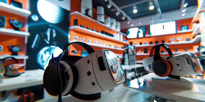 Cutting edge technology of VR headset display in technology shop. Ready for sale.