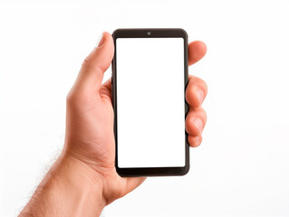 Hand holding smartphone with blank screen isolated on white