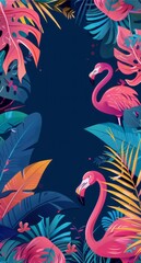 Obraz premium The background of the poster is dark blue, with colorful cartoon style leaves and pink flamingos on it