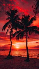 Imagine an iconic scene reminiscent of Scarface, where the vibrant backdrop of an orange sky sets the stage for a row of majestic palm trees. AI generated illustration.