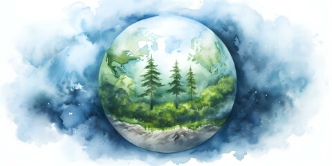 Eco Watercolor Illustration of Planet Earth on White Background. Concept Eco Illustration, Watercolor Art, Planet Earth, White Background, Nature Theme