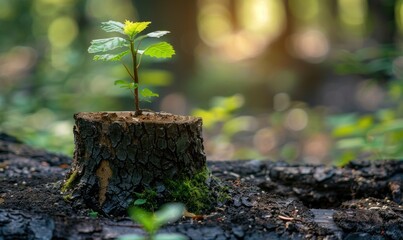Reviving Nature: Young Tree Emerges from Decaying Stump, Symbol of Renewal