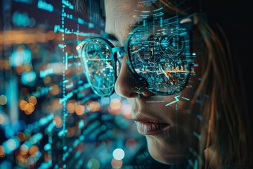 Programmer in glasses analyzing big data on computer screen, processing information