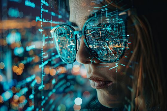 Programmer in glasses analyzing big data on computer screen, processing information