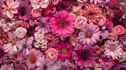 Fototapeta premium Floral background. Variety of garden flowers in bright pink colour.