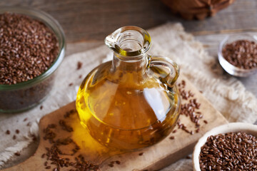 Flax seed oil in a glass bottle