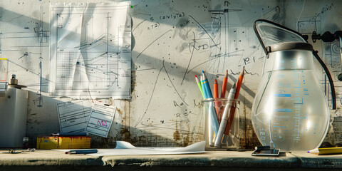 The Aqua Aqueduct: An unfinished wall, adorned with blueprints, charts, and a modern flip phone, next to a clear plastic jug filled with pens