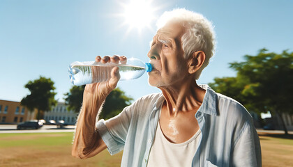 une personne âgée s'hydrate par une chaleur excessive, extrême