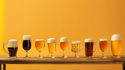 A diverse lineup of beer glasses on a wooden table with a gradient orange background. Excellent for beverage industry projects, advertisements, and social media. AI