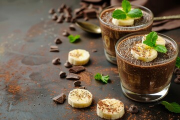 Healthy dessert or breakfast chocolate chia banana pudding in glasses