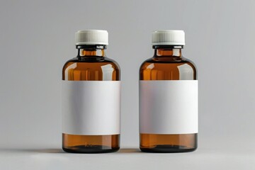 two bottles with plain and blank white label on grey background