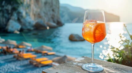 A refreshing Aperol Spritz cocktail stands on a wooden table with a blurry beach and parasols in the background