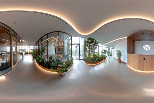 High definition spherical VR panorama in modern coworking office corridor in equirectangular projection