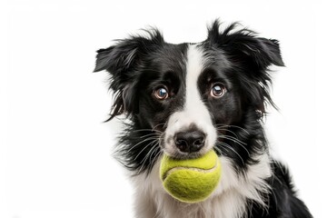Humorous photo of border collie puppy with toy ball wanting to play Pet and animal fun concept