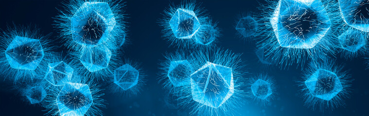 Giant virus particles illustration. Mimivirus particles or Catovirus naegleriensis (CatV) or Naegleriavirus (NiV) are giant viruses with starfish-shaped edges. 