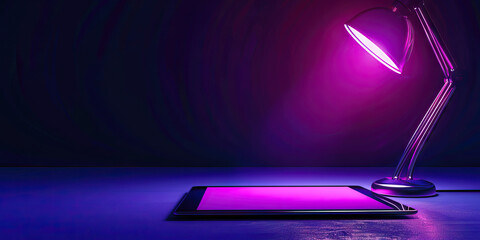 The Pulsating Violet Lamp: A neon desk lamp, casting a futuristic glow on a lone tablet computer screen