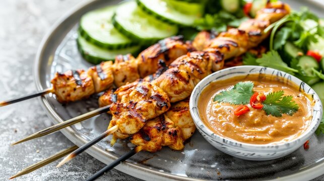 A beautifully arranged plate of Thai chicken satay skewers with a peanut dipping sauce and fresh cucumber salad 